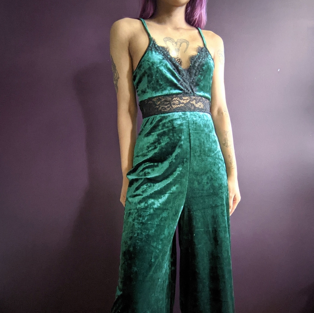 Lace Trim Velvet Jumpsuit